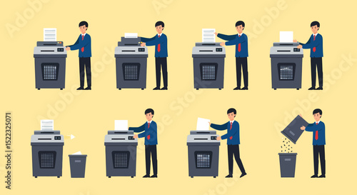 Illustrations of Male Office Worker Using Paper Shredder Machine