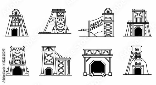 Collection of Coal Mine Shaft Headframes and Entrance Illustrations Set