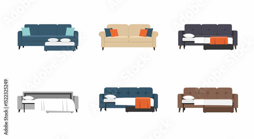 Sofa Bed Collection Colorful Flat Vector Design Illustration Set