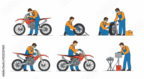 Motorcycle Maintenance and Repair Scenarios Flat Style Vector Illustration