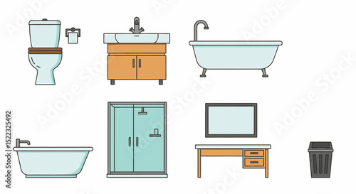 Bathroom Fixtures Vector Illustration Set Minimalist Line Art Design