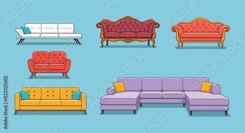 Variety of Colorful Sofa Designs on a Blue Background