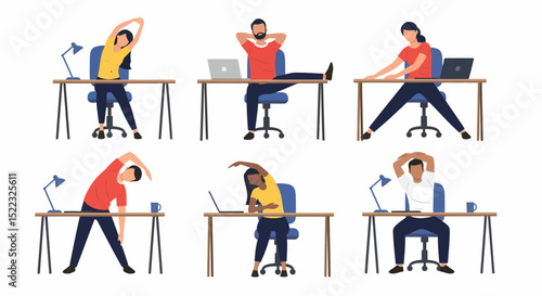 Diverse Office Workers Doing Stretching Exercises At Desks
