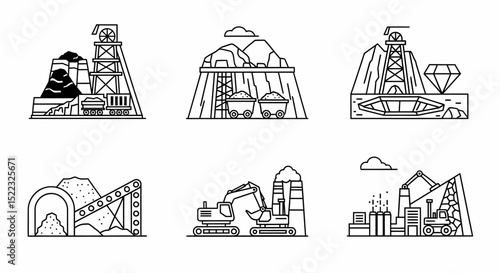 Mining Industry Outlines: Coal, Minerals, Diamond Extraction Icons