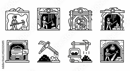 Vector Icons Set Illustration of Coal Mining Activities