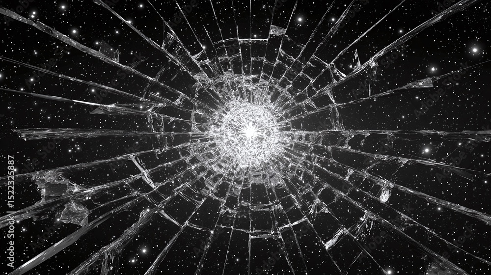 Fototapeta premium Shattered illusion of the cosmos. A view of space and stars seen through a shattered glass, depicting fragility of existence.