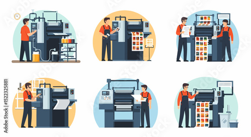 Offset Printing Machine Operator at Work Illustration Set