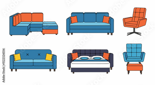 Colorful Couch and Armchair Set for Living Room Flat Vector