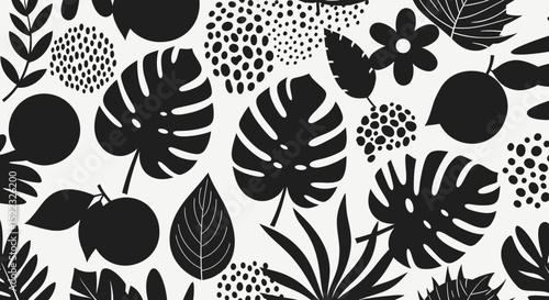 Monochrome Botanical Pattern with Tropical Leaves and Fruit Silhouettes