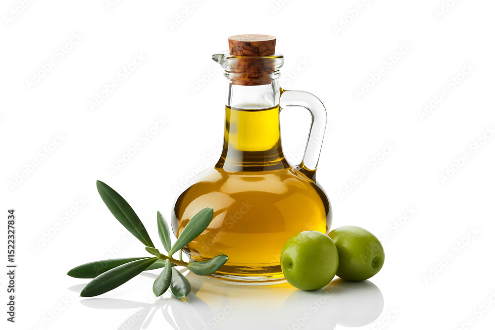 Photorealistic Bottle of Olive Oil with leaves and olives High Contrast on White Background Photorealistic Bottle of Olive Oil with leaves and olives High Contrast on White Background