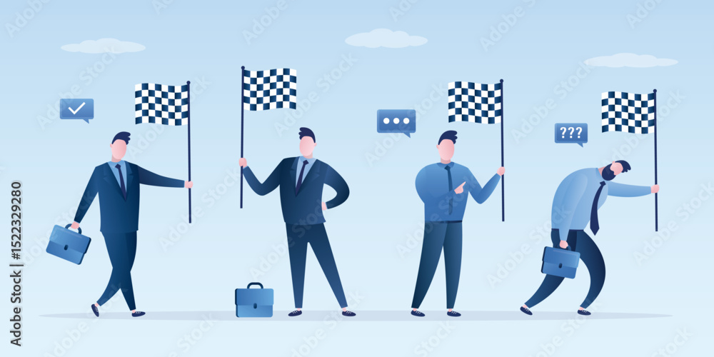 Obraz premium Set of happy male employees holding the finish flags. Confident businessman successfully completed task, job or lesson. Winner, rewarding, leader at finish line, victory.