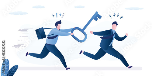 Partners, businessman passes key to male colleague while running. Give tips and support for successful work. Relay, job handover or partnership.