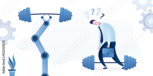 Strong and smart cyborg arm with lifting heavy dumbbell and unhappy tired businessman without power. Robot with AI replace burnout worker man.