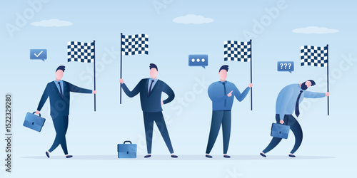 Set of happy male employees holding the finish flags. Confident businessman successfully completed task, job or lesson. Winner, rewarding, leader at finish line, victory.