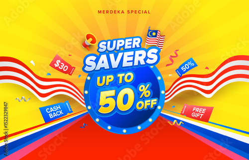 Malaysia Day or Hari Merdeka retro lightbulb style sale promotion design. Vector illustration template with voucher, mega phone, celebration confetti and flags.