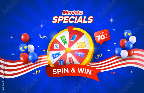 Malaysia Day or Hari Merdeka spend and win wheel promotion blue background design. Vector illustration template with balloons, celebration confetti and flag stripes.