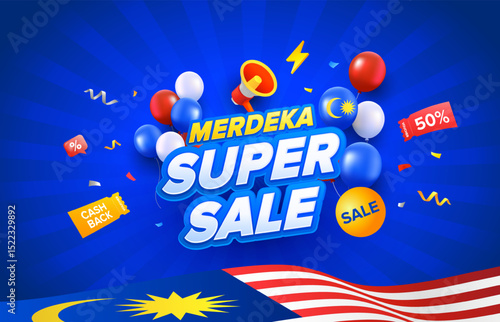 Cool Malaysia Day or Hari Merdeka celebration sale promotion design. Vector illustration template with voucher, balloons, mega phone, vouchers, confetti and flags.