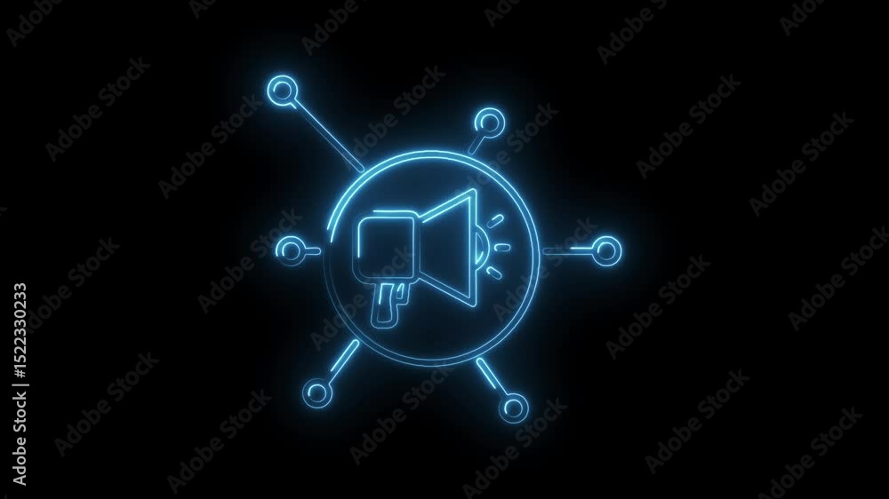 Glowing neon megaphone icon connecting network nodes on black background for marketing communications Glowing neon megaphone icon connecting network nodes on black background for marketing communications