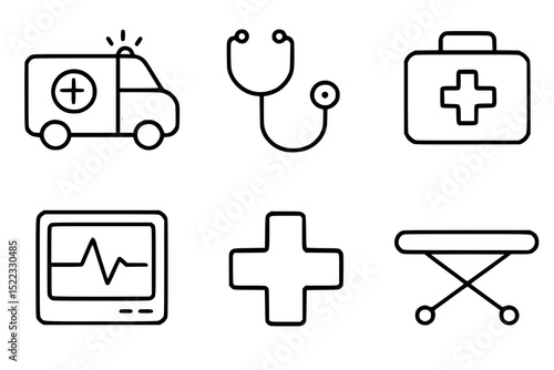 Minimalist Paramedic Icon Set – Ambulance, Stethoscope, Medical Bag, Monitor, Cross, Stretcher