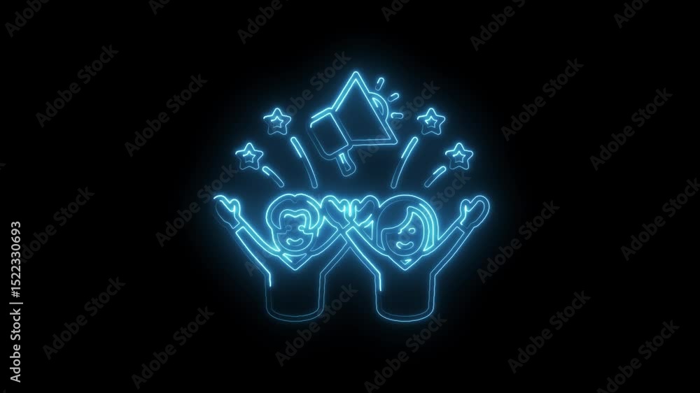 Glowing neon animation of two cheering people with a megaphone on a black background Glowing neon animation of two cheering people with a megaphone on a black background