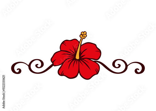 Logo vacaciones en Hawái. Líneas de decoración de caligrafía con flor de hibisco