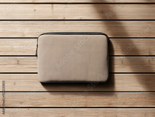 A laptop sleeve rests on a wooden desk with soft shadows  long title A sleek minimalist laptop sleeve sits on a wooden desk casting soft shadows and