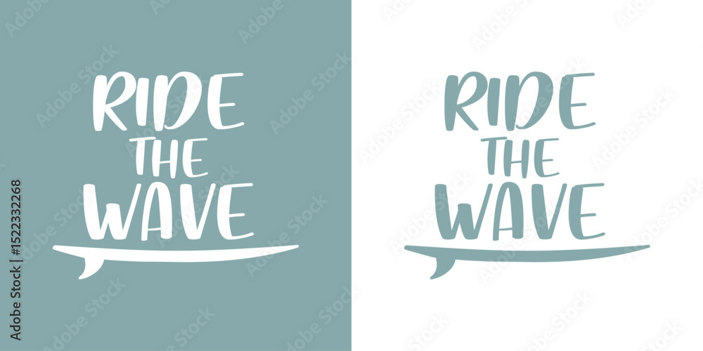 Naklejka premium Logo club de surf. Texto Ride the Wave sobre silueta de tabla de surf