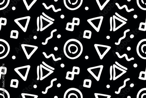 Memphis geometric seamless pattern. Cool abstract background in retro 80s, 90s style with basic shapes: star, arrow, triangle, circle, heart, flower, zigzag, spiral, wavy lines. Cute kid doodle design