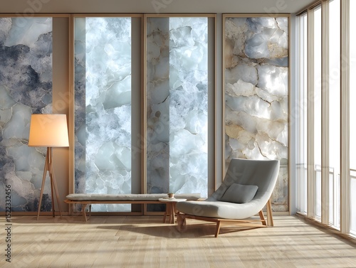 Serene modern living room with frosted glass walls and minimalist furnishings