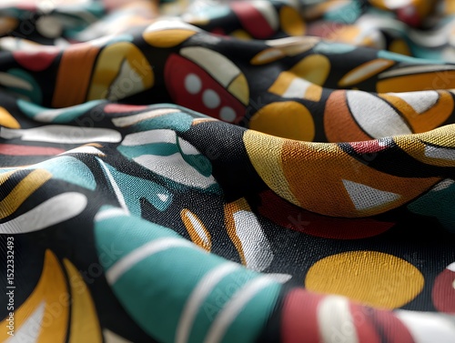 Vibrant fabric print with bold overlapping patterns  long title Intricate digital fabric print featuring a dynamic composition of interlocking