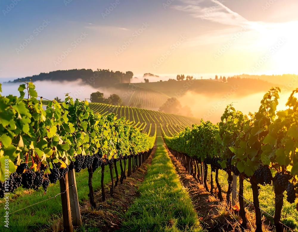 Naklejka premium Vineyard sunrise landscape