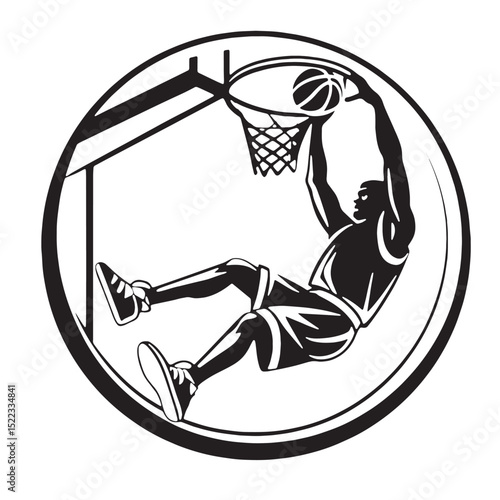 Silhouette of a basketball player hanging on the rim after a dunk, inside a circular badge. Perfect for team mascots, decals, and apparel.