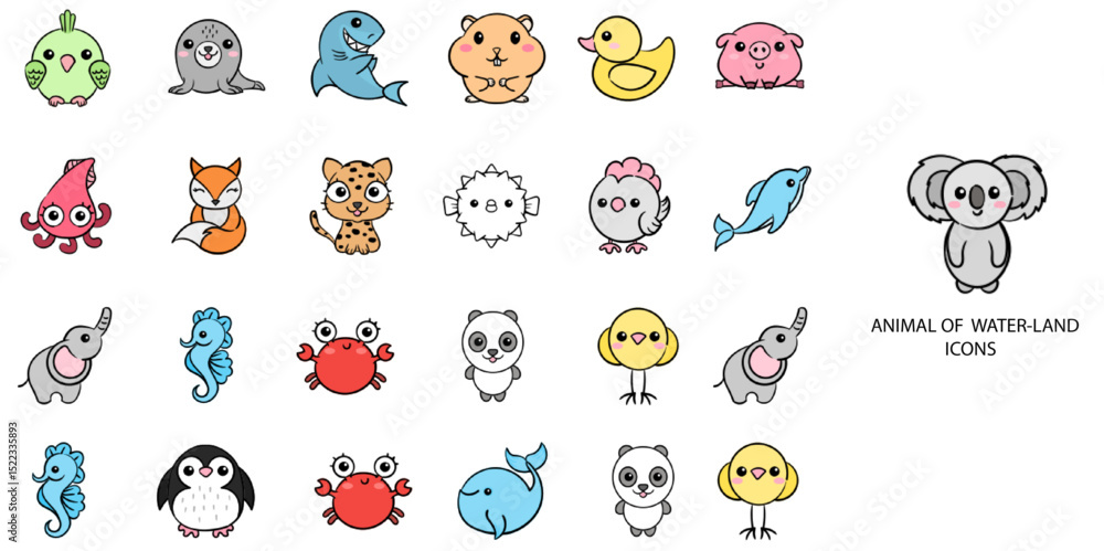 Animal of Land and Water simple concept 24 hand drawn color icons set .Vector illustration. Animal of Land and Water simple concept 24 hand drawn color icons set .Vector illustration.