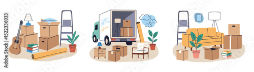 Flat cartoon set of moving scenes with boxes, furniture, and household items. Relocation process vector illustrations, new home concept, organization, transportation, lifestyle change compositions