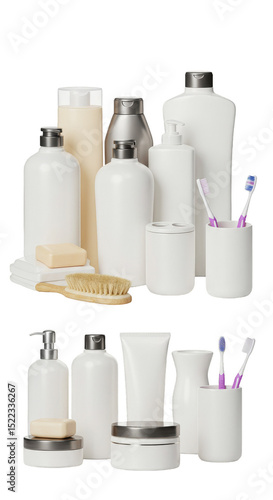Isolated Product Photography of White Cosmetic Bottles and Bathing Product