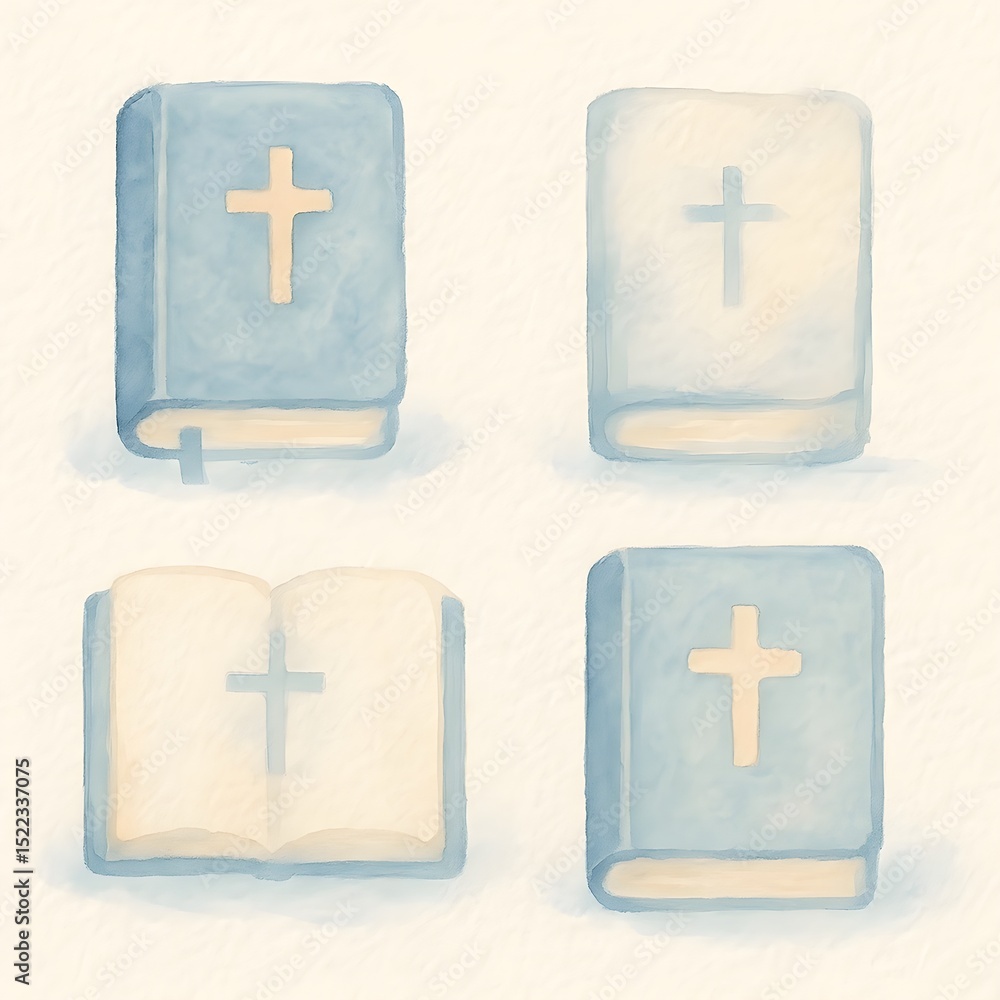 Fototapeta premium Set of Bible Book Icon Christian Religion Prayer Spiritual Faith Holy Christ Catholic Religious Belief Sacred Spirituality Watercolor Illustration