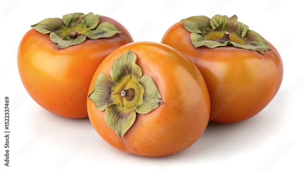 Three Ripe Persimmon Fruits with Green Calyxes on a White Background Three Ripe Persimmon Fruits with Green Calyxes on a White Background