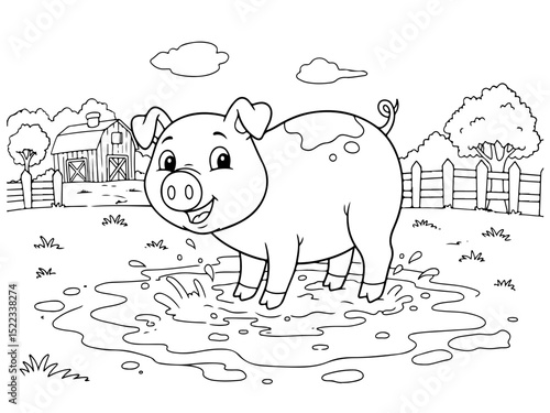 happy pig in the mud, grass pen farm cartoon outline for coloring page, paper a4 printable, vector line art black and white illustration, white background

