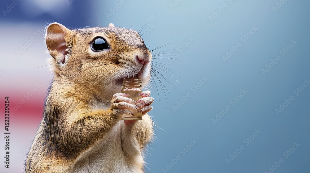 Obraz premium Chipmunk has a bottle blank at its neck with a 4th of July flag background. Adorable rodent tiny creature festive backdrop patriotic imagery july celebration independence day symbol small