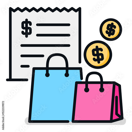 Consumerism conceptual flat icon featuring shopping bags, bills, and money