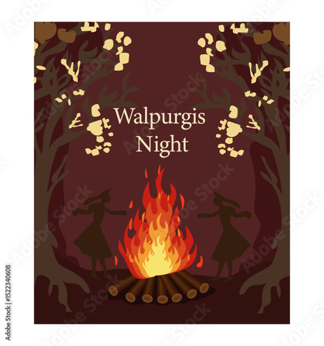Fiery Walpurgis Night Bonfire in Autumn Woods Illustration-08