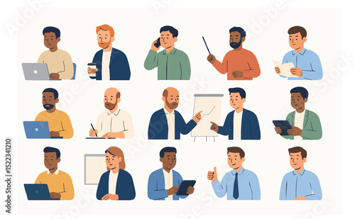 Diverse businesspeople in various office roles and professional activities.