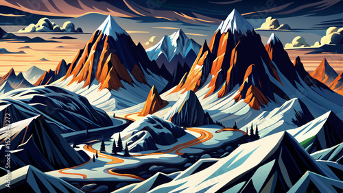 Vector cartoon illustration of a mountain landscape with ski slopes perfect for winter sports themes, travel posters, resort ads, and holiday designs