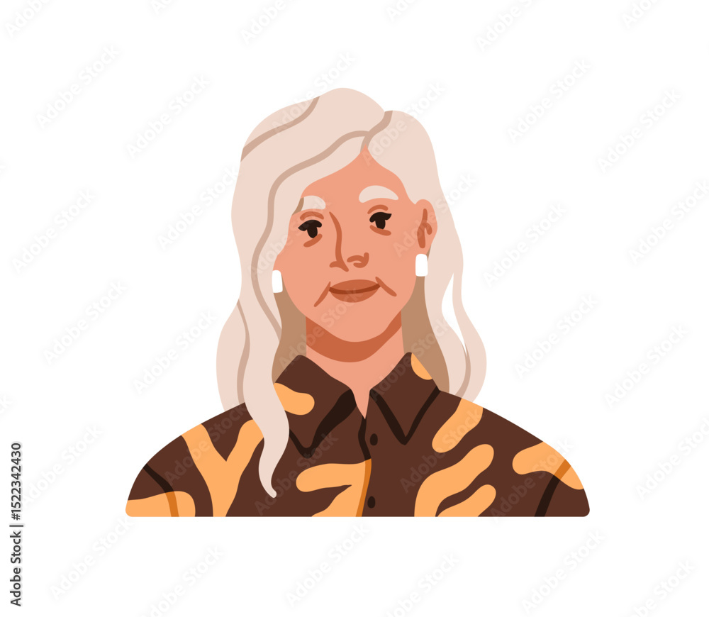 Fototapeta premium Senior woman portrait. Elderly female with gray hair. Attractive mature lady, face avatar, user profile. Old aged character, elder person. Flat vector illustration isolated on white background