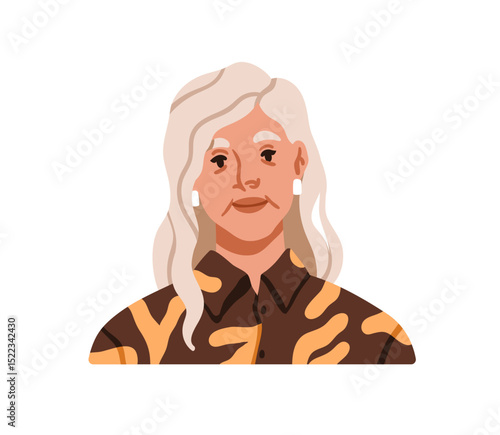 Senior woman portrait. Elderly female with gray hair. Attractive mature lady, face avatar, user profile. Old aged character, elder person. Flat vector illustration isolated on white background