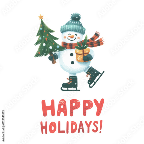 Merry Christmas and Happy New Year. Happy Holidays Watercolor cute snowman with a Christmas tree in his hands is skating.