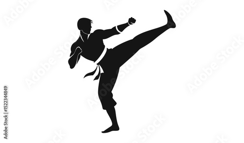 Black Silhouette of Karate Martial Artist Delivering a Powerful High Kick in Action Pose