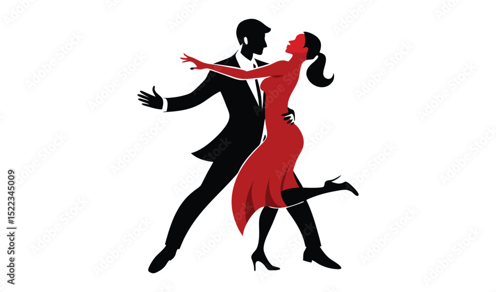 Fototapeta premium Elegant Tango Dancers in Red Dress and Black Suit Silhouette on a White Background