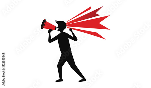 Silhouette of a Man Speaking Through Megaphone with Red Soundwaves on White Background