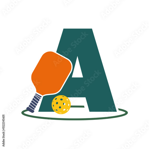 Pickleball letter A monogram with paddle and ball, Sports-themed monogram featuring a bold letter A with an orange pickleball paddle and a yellow perforated ball for branding use.

